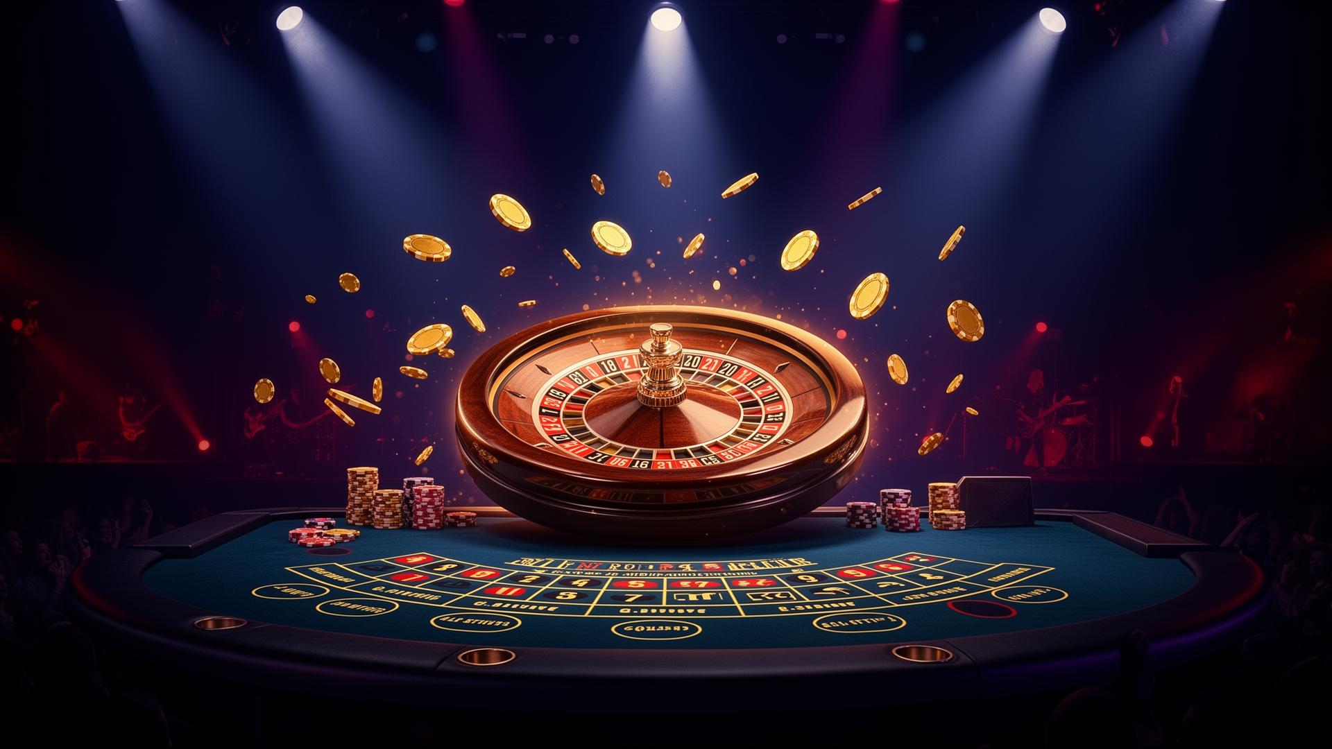 Live roulette wheel on a rock-and-roll casino stage with golden chips and stage spotlights