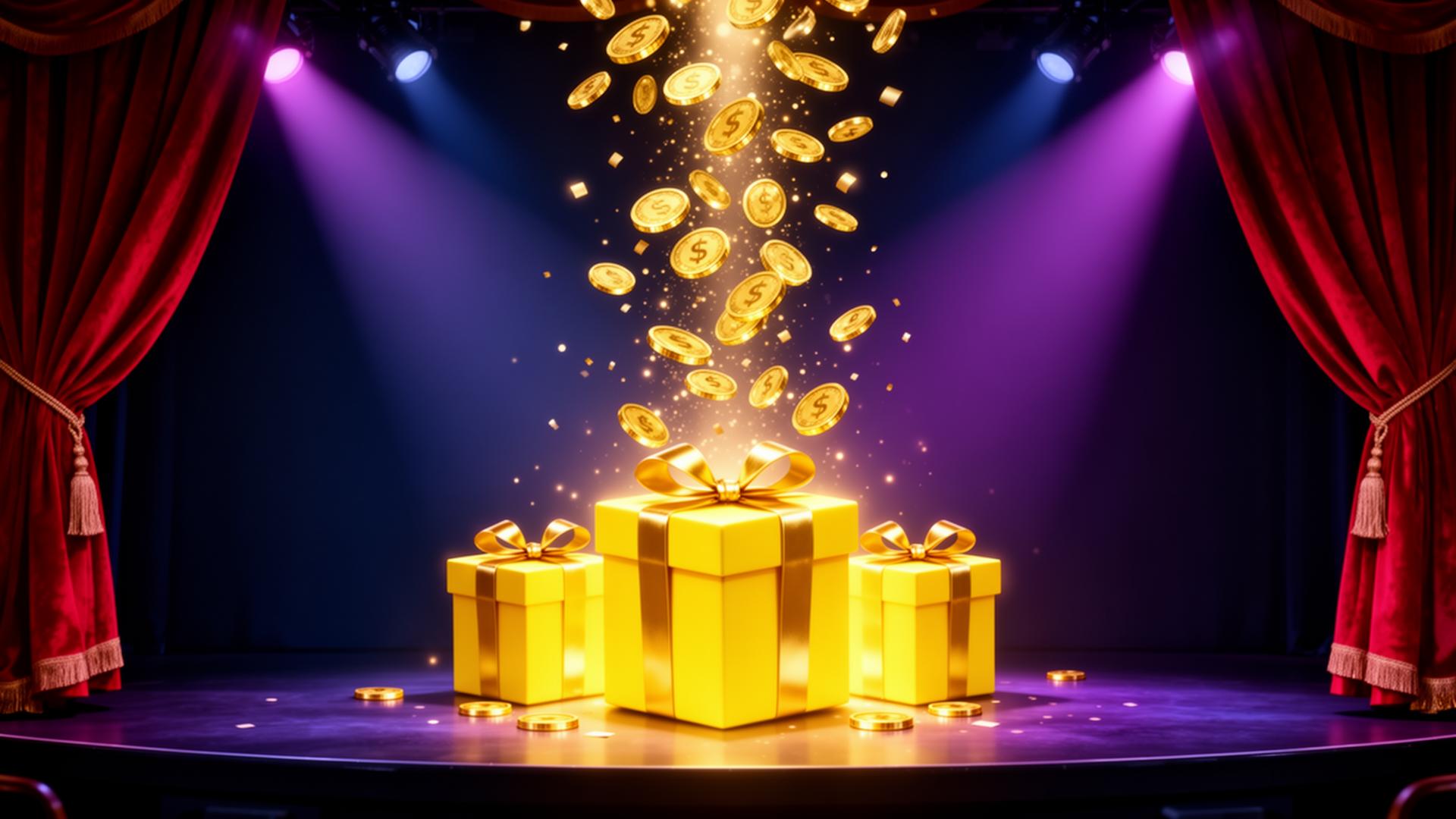 Golden gift boxes and cascading coins on a stage with red velvet curtains and spotlights